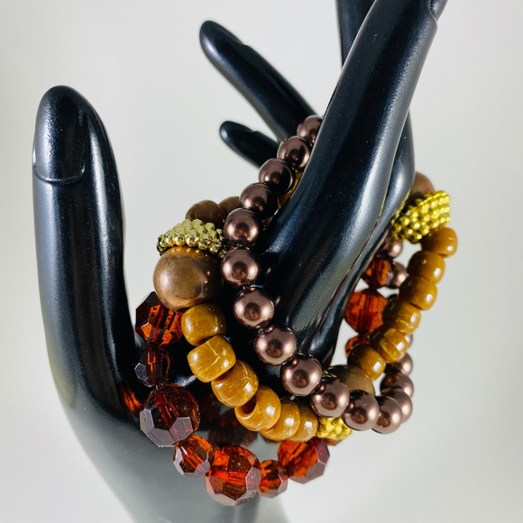 3 Vintage stretch bead bracelets Chocolate & Rust - Picture 3 of 4